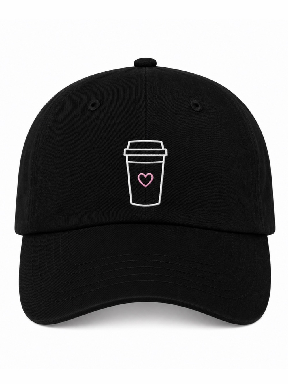💗 Pink Heart Coffee Lovers Embroidered Black Baseball Cap Adjustable Strap Hat
